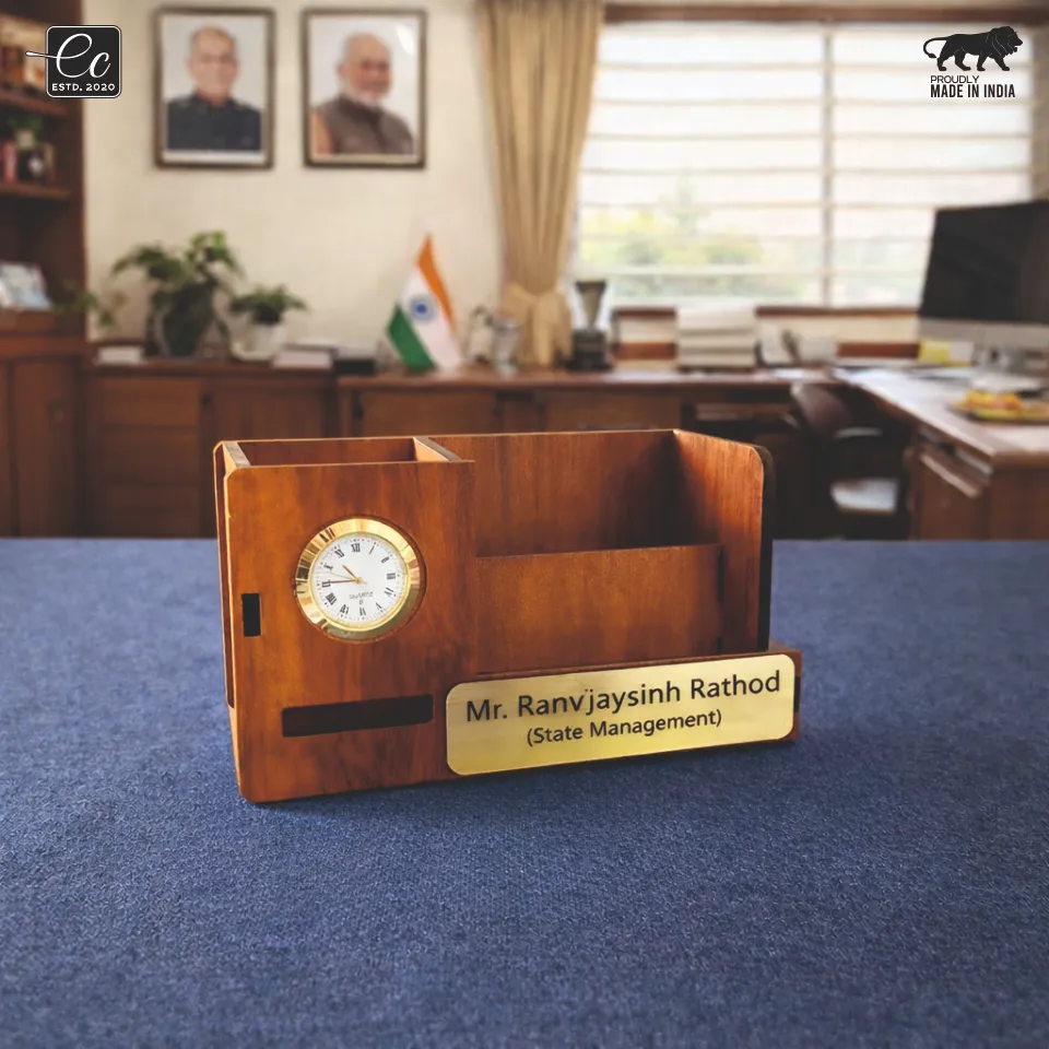 Premium Wooden Desk Organizer with Clock & Nameplate – Elegant Corporate Gifting Essential